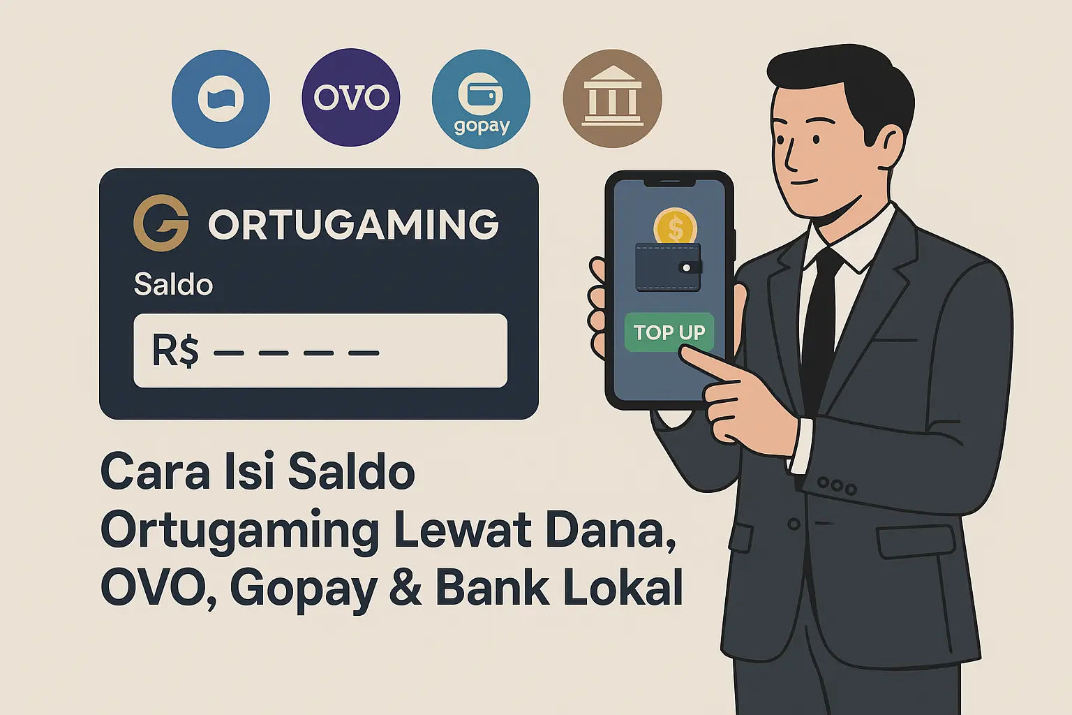 Antarmuka situs ortugaming menunjukkan pilihan metode pembayaran untuk isi saldo, termasuk ikon aplikasi DANA, OVO, GoPay, dan logo bank lokal, menggambarkan kemudahan top-up.