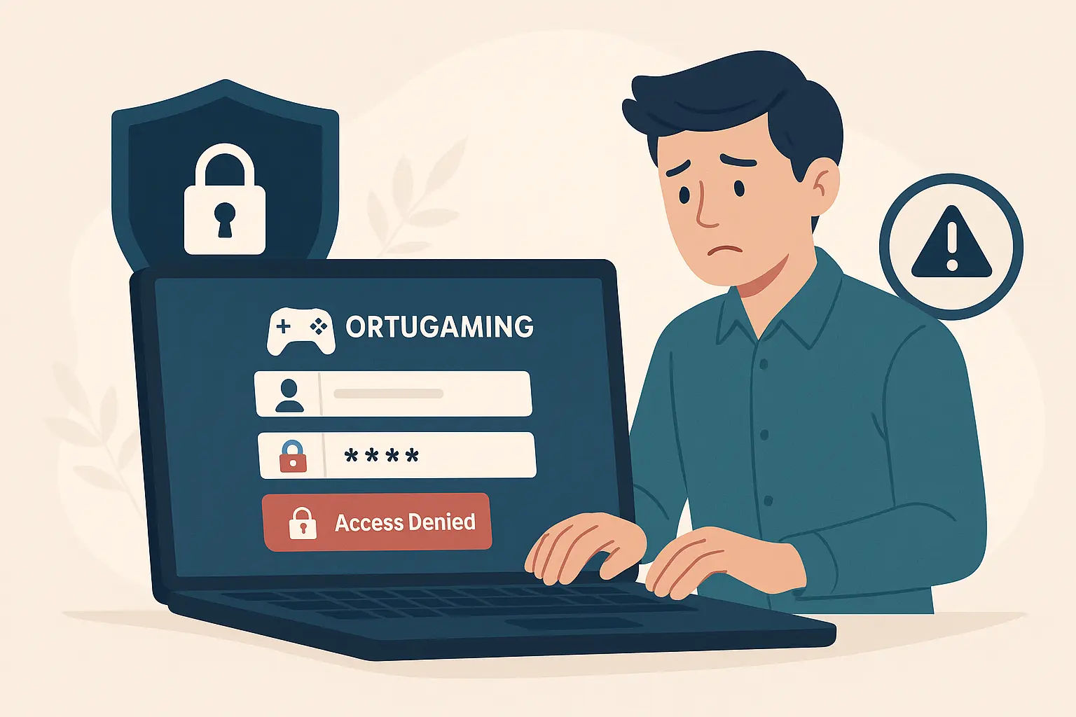 Seorang gamer sedang melihat layar komputer dengan antarmuka login yang menunjukkan opsi login alternatif, solusi untuk masalah gagal masuk dan akun terkunci di platform Ortugaming.