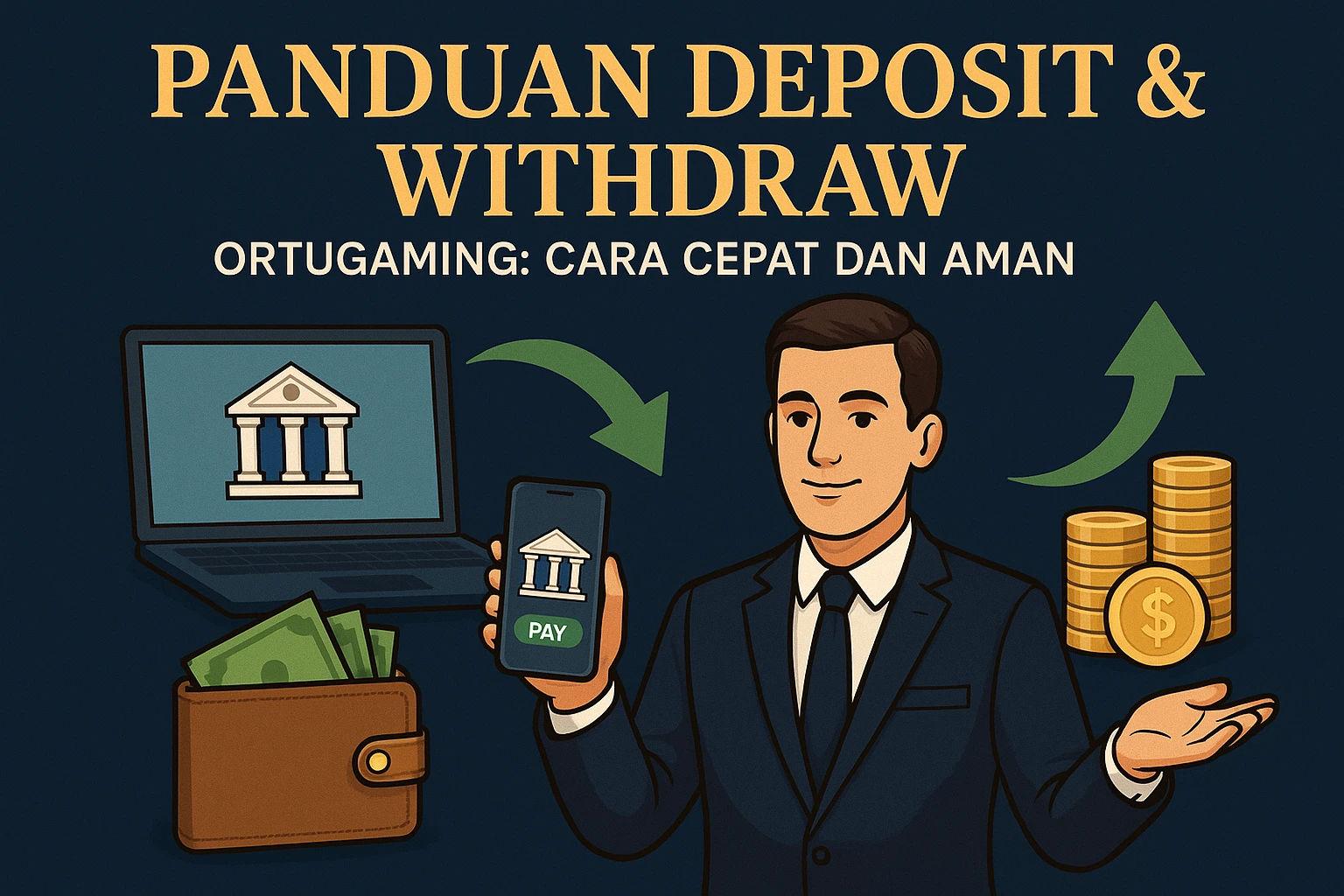 Ilustrasi komprehensif panduan deposit dan withdraw di Ortugaming yang cepat dan aman, menampilkan antarmuka digital untuk transaksi keuangan dengan simbol keamanan yang kuat.