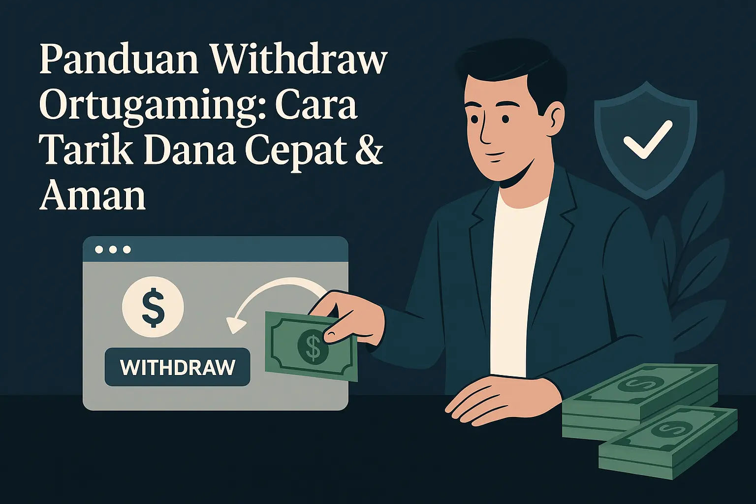 Antarmuka pengguna Ortugaming yang menunjukkan langkah-langkah panduan withdraw dana dengan ikon panah menuju tombol tarik dana, dilengkapi visual brankas dan gembok sebagai simbol keamanan transaksi online yang cepat dan terpercaya.