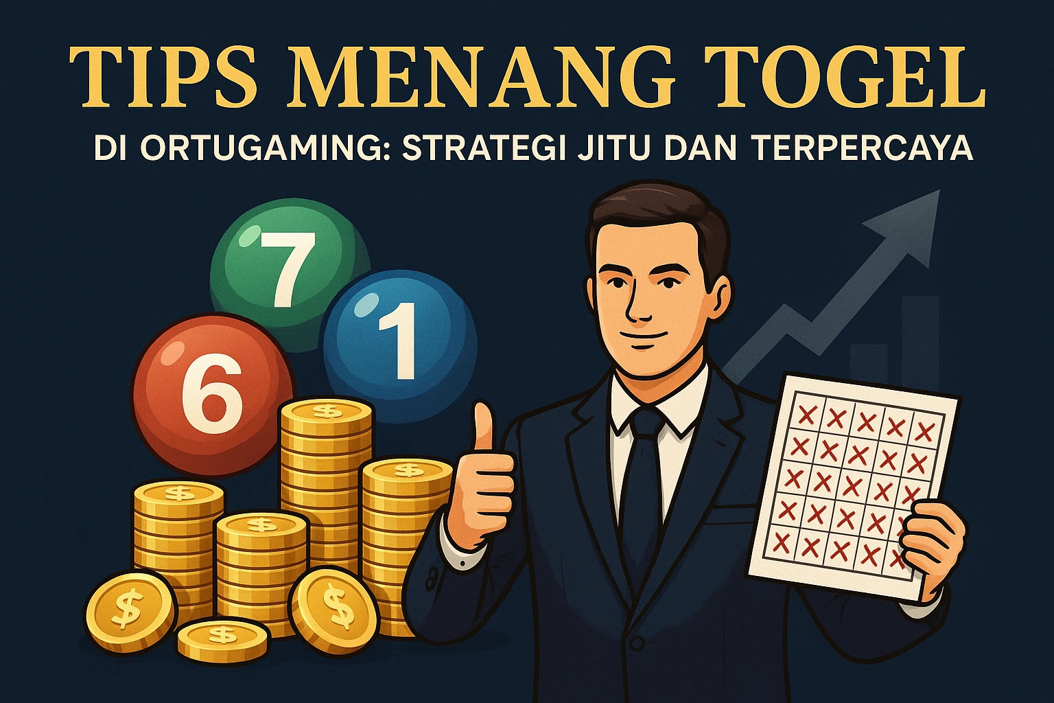 Gambar visualisasi seseorang yang sedang menganalisis pola angka togel dan simbol keberuntungan, merepresentasikan tips dan strategi jitu untuk meningkatkan peluang memenangkan togel secara terpercaya di platform Ortugaming.