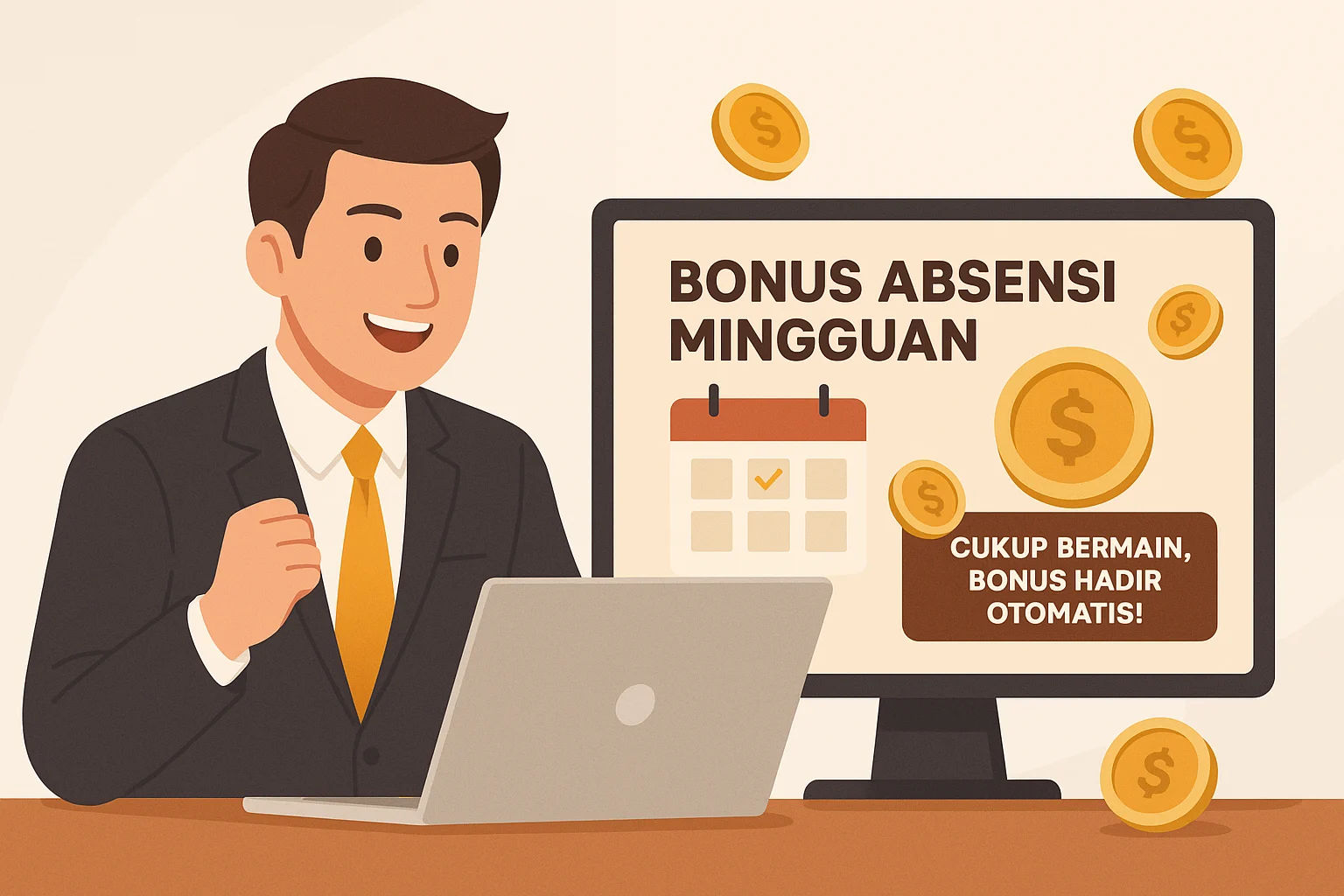 Ilustrasi elegan seorang pria gembira di depan laptop dengan layar menampilkan promo bonus absensi mingguan Dauntogel, dihiasi koin emas dan kalender—melambangkan bonus otomatis hanya dengan bermain.