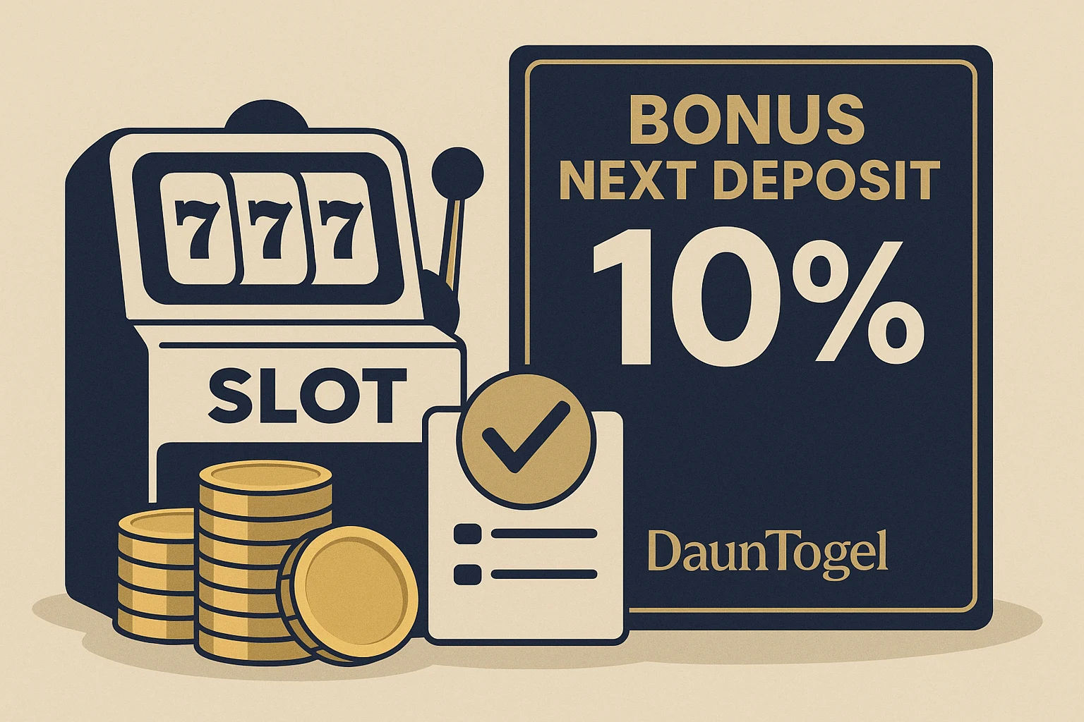 Ilustrasi bonus 10% next deposit untuk slot DaunTogel, menampilkan mesin slot, tumpukan koin emas, dan checklist persyaratan klaim bonus.