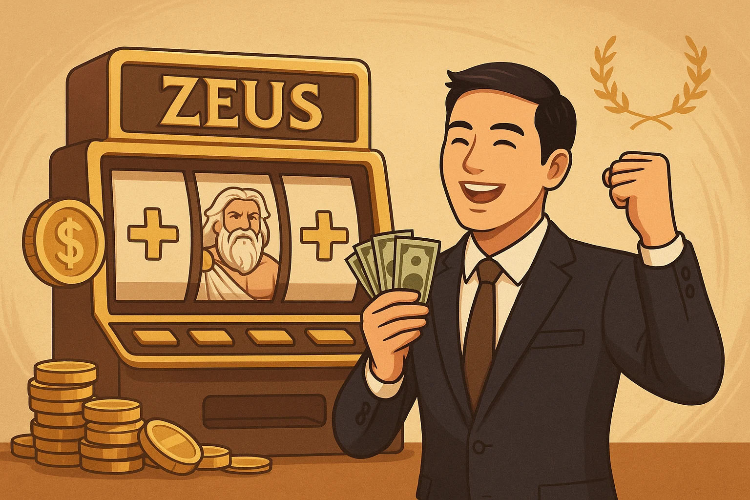 Ilustrasi elegan seorang pria muda memegang uang tunai sambil merayakan kemenangan besar di slot Zeus Dauntogel, dengan latar mesin slot Zeus dan tumpukan koin emas.