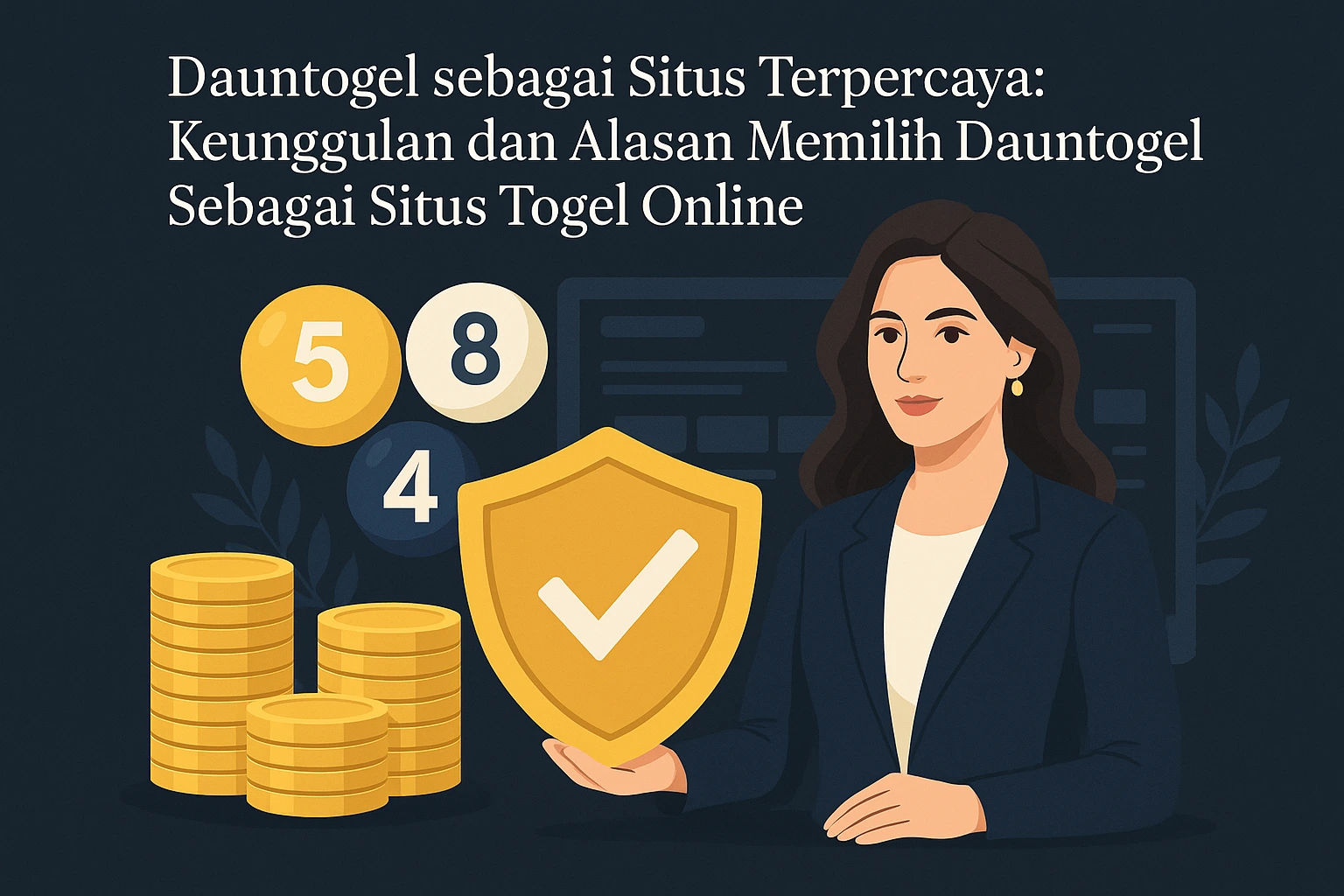 Ilustrasi elegan seorang wanita profesional memegang perisai kepercayaan dengan latar tumpukan koin emas dan bola togel, mewakili keunggulan Dauntogel sebagai situs togel online terpercaya.