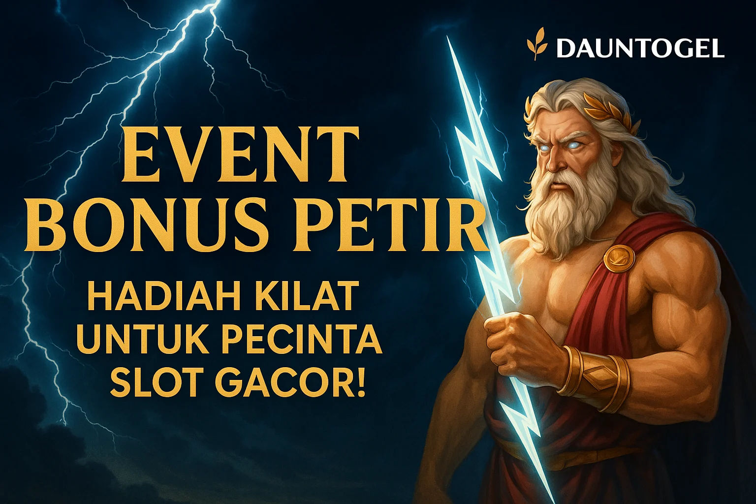 Ilustrasi Event Bonus Petir Dauntogel menampilkan dewa petir membawa kilat dengan latar langit gelap dan petir, mempromosikan hadiah kilat untuk pecinta slot gacor dengan gaya elegan dan profesional.