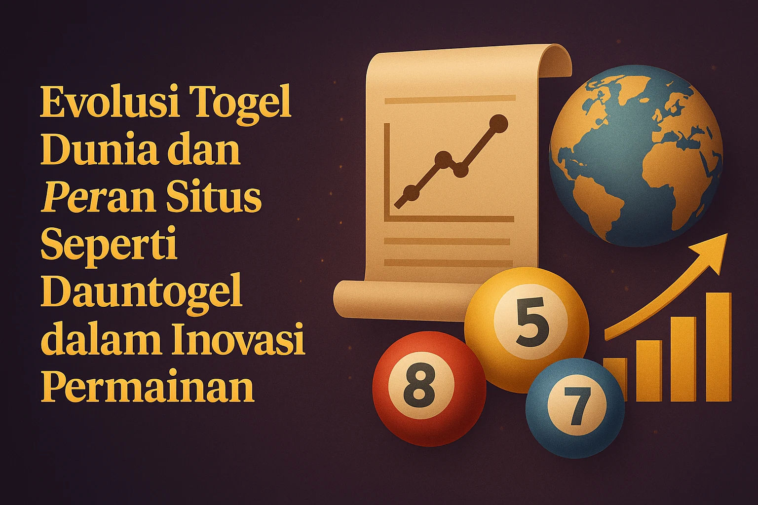 Ilustrasi evolusi togel dunia dengan grafik pertumbuhan, bola angka, dan peran Dauntogel dalam inovasi permainan global bergaya elegan dan profesional