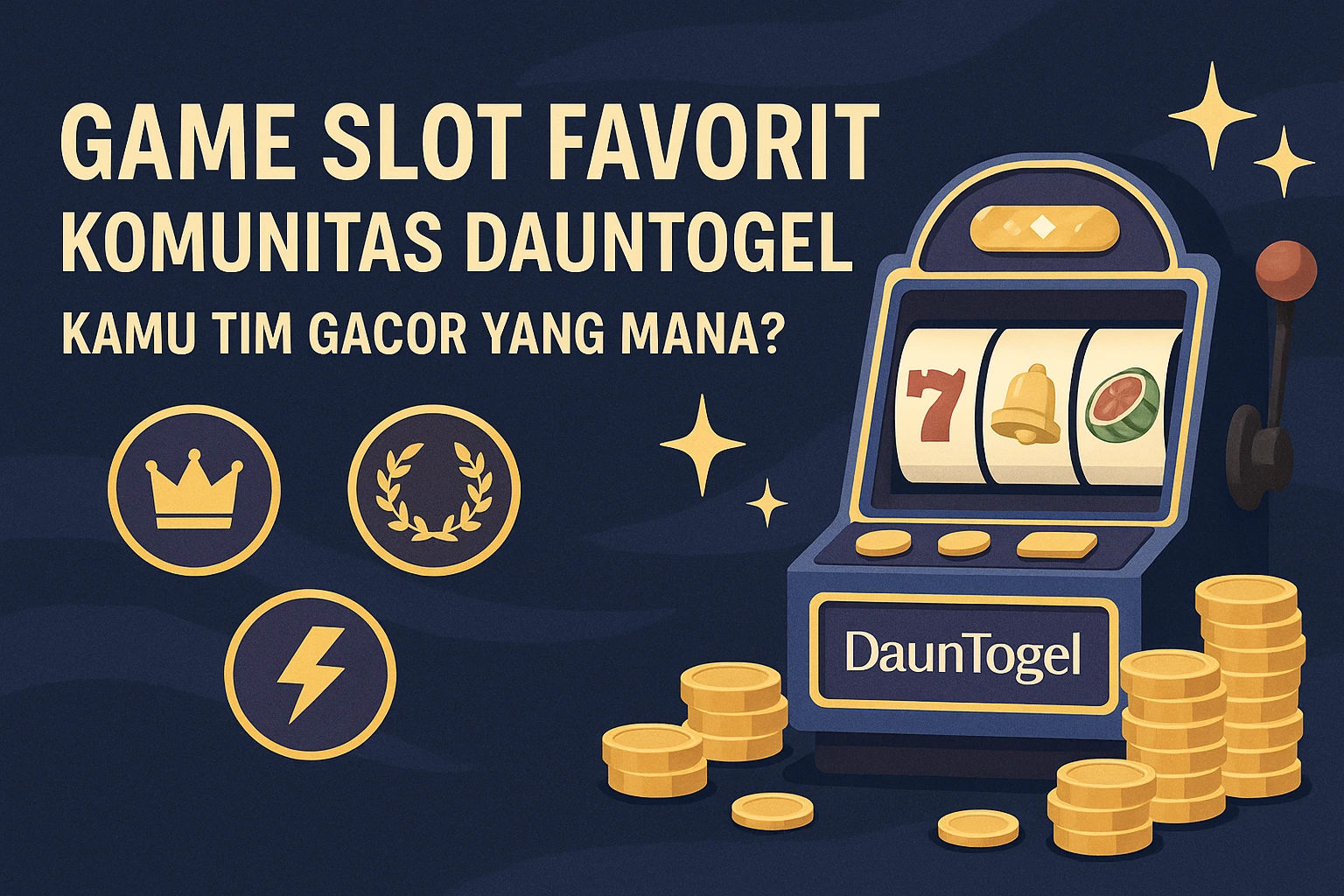 Ilustrasi elegan mesin slot dengan ikon kemenangan dan koin emas, mewakili game slot favorit komunitas DaunTogel dan tim gacor pilihan pemain.