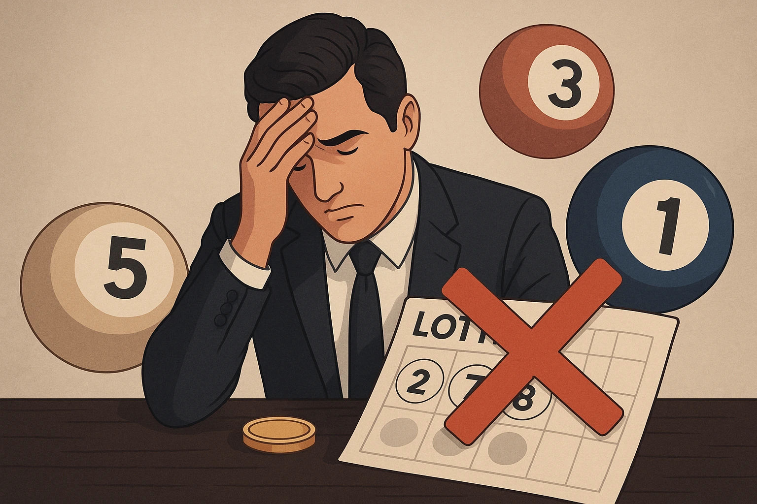 Ilustrasi elegan seorang pria tampak frustrasi di depan meja dengan tiket togel yang ditandai silang merah dan bola angka, menggambarkan kesalahan fatal yang menyebabkan kegagalan menang di togel online Dauntogel.