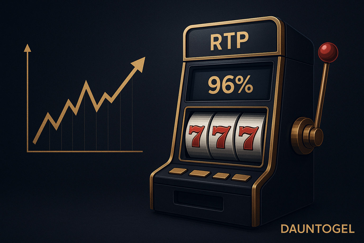 Ilustrasi mesin slot elegan dengan persentase RTP 96% dan grafik volatilitas, menggambarkan strategi bermain slot di Dauntogel.