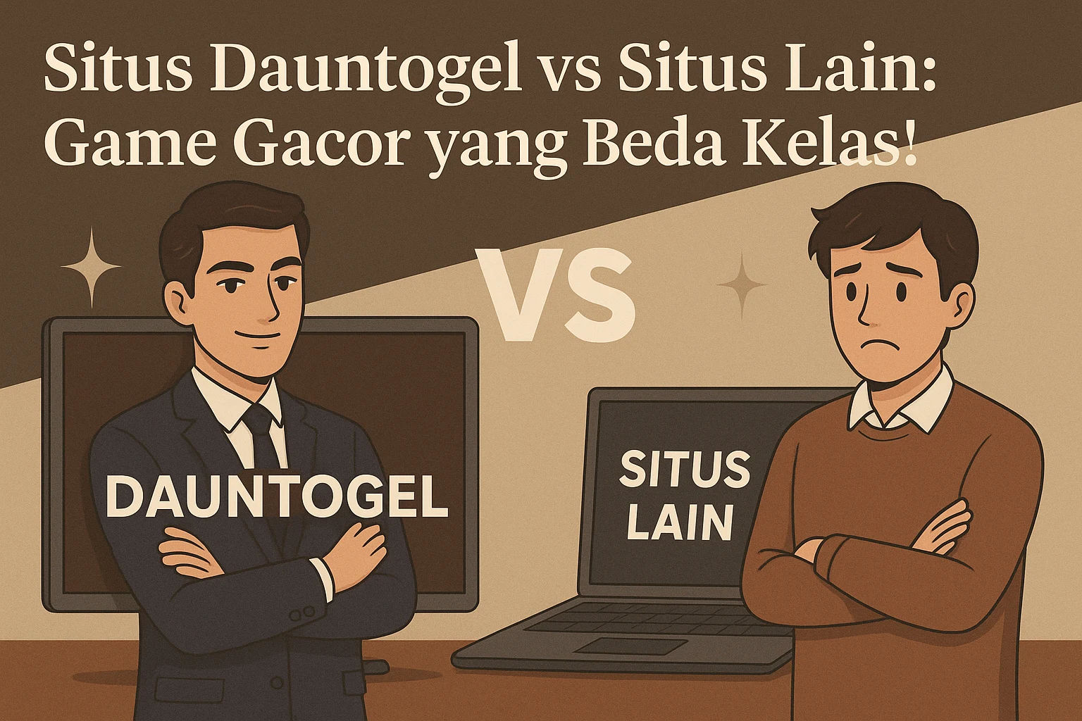 Ilustrasi elegan dua pria berdiri di depan layar bertuliskan DAUNTOGEL dan SITUS LAIN dengan simbol VS di tengah, menggambarkan perbandingan kualitas antara situs Dauntogel dan situs lain.