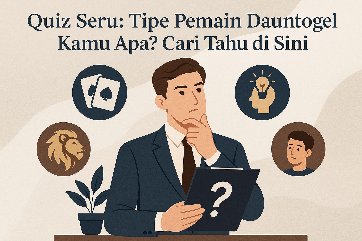 Ilustrasi elegan seorang pria berpikir sambil memegang clipboard bertanda tanya, dikelilingi ikon tipe pemain Dauntogel seperti kartu, singa, dan lampu ide, dengan judul Quiz Seru Dauntogel : Tipe Pemain Dauntogel Kamu Apa? di atasnya.