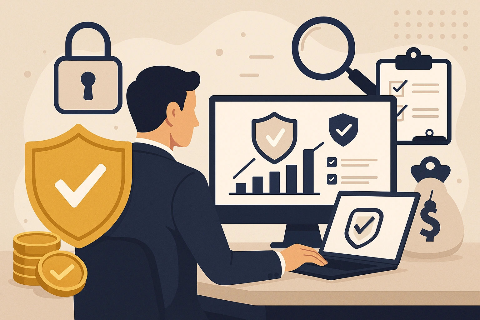 Ilustrasi profesional seorang analis keamanan di depan komputer yang menampilkan grafik perlindungan, ikon perisai, gembok, clipboard audit, dan simbol uang—mewakili sistem keamanan dan audit di situs Dauntogel.