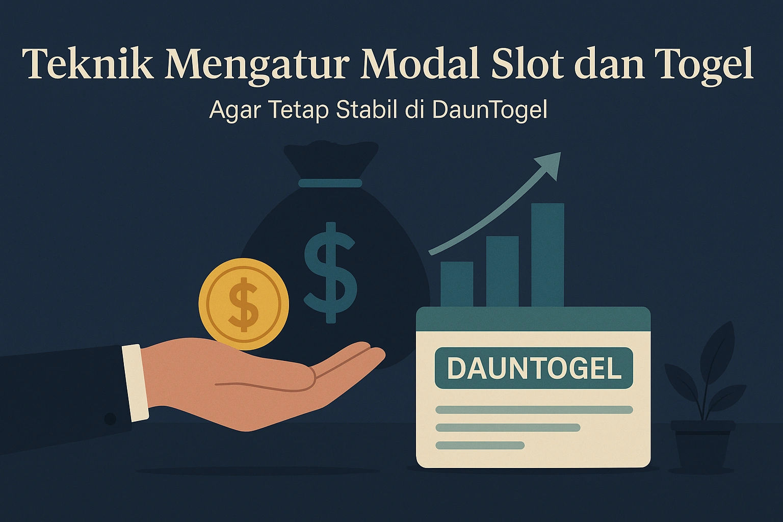 Ilustrasi elegan pengelolaan modal untuk permainan slot dan togel di DaunTogel, menampilkan grafik keuangan, koin, dan simbol stabilitas finansial