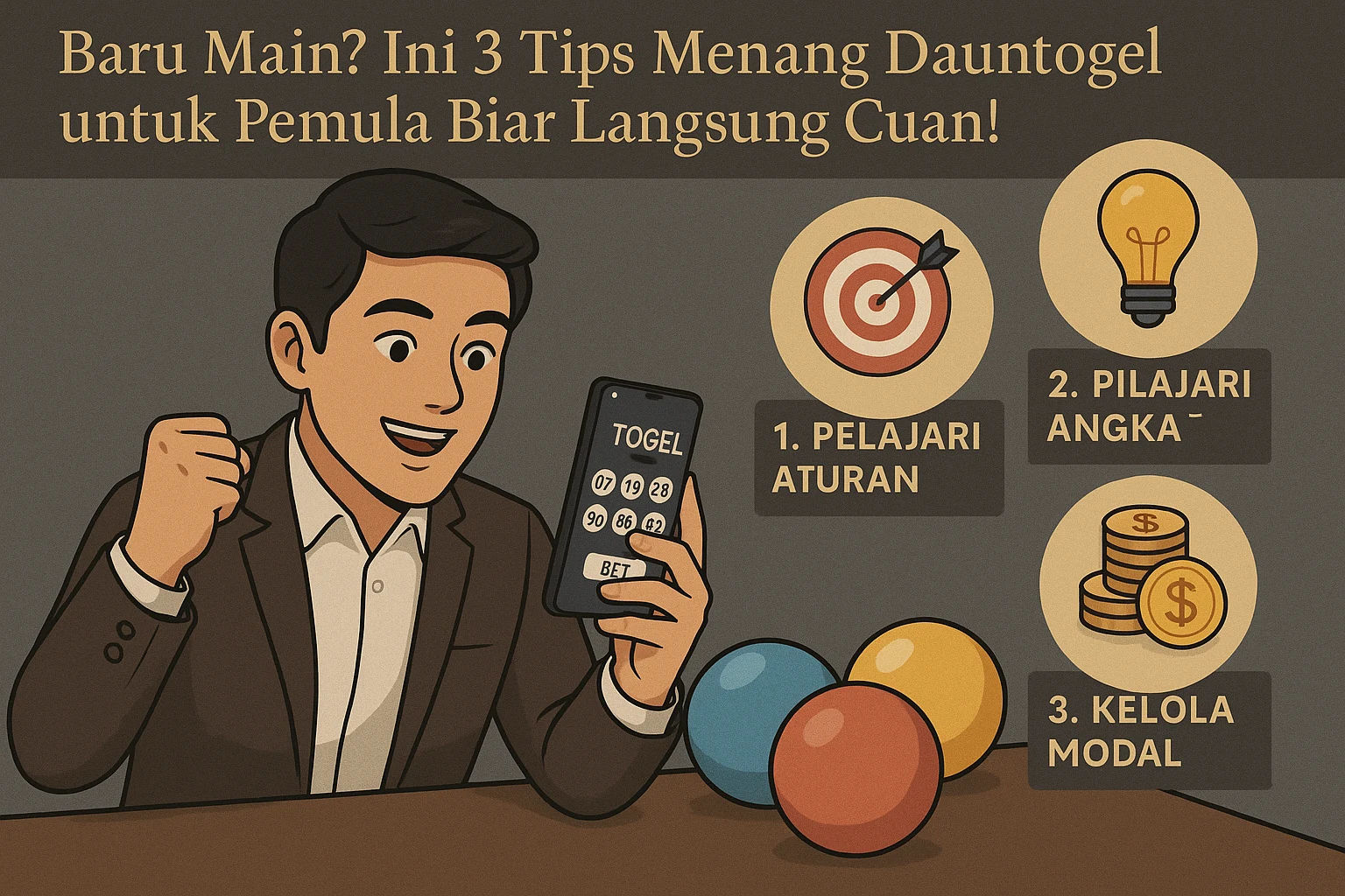 Ilustrasi tips menang Dauntogel untuk pemula dengan panduan belajar aturan, memahami angka, dan mengelola modal secara bijak