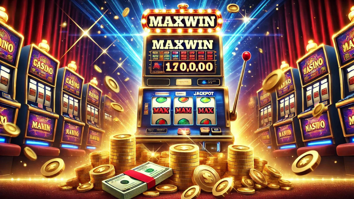 Ilustrasi mesin slot MAXWIN dengan simbol jackpot dan tumpukan koin emas di Dauntogel