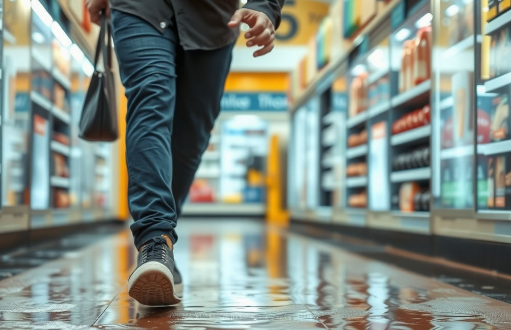 Person walking on a hazardous wet floor in a store.