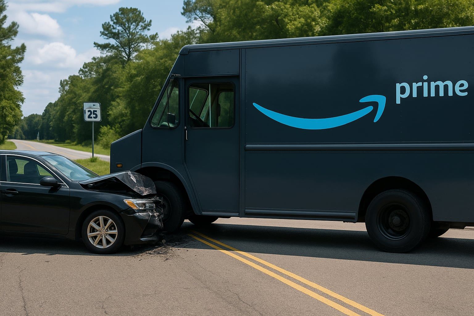 Accident between a black sedan and a Amazon delivery truck on a pavement road in South Carolina