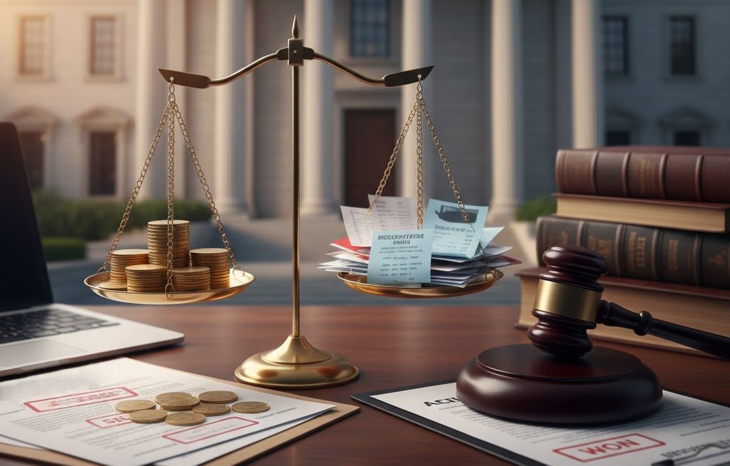 Symbolic imagery of a courthouse, legal documents, and a scale of justice with money and medical bills balanced on either side.