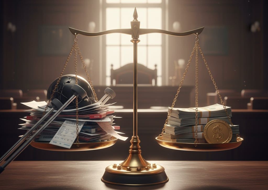 A symbolic depiction of the scales of justice balanced against accident icons, like a broken motorcycle helmet, crutches, and hospital bills, showing the fight for fair compensation.