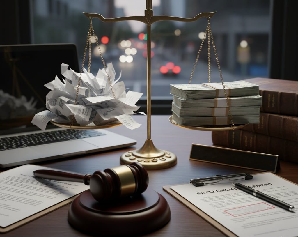 A symbolic image with legal scales, medical bills, and a gavel representing personal injury law and justice.