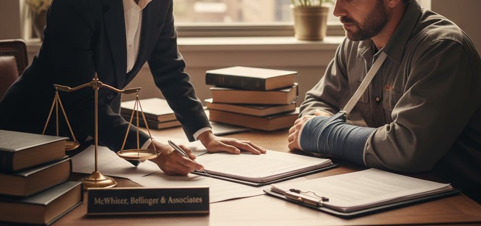 An injured victim with a bandaged arm sitting at a lawyer’s desk, papers and legal documents spread out, representing advocacy and support.