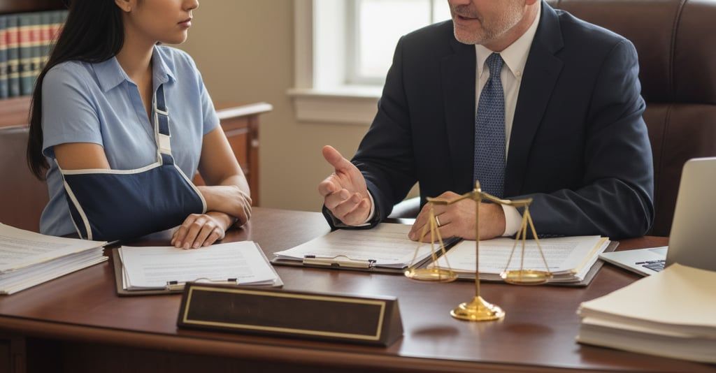 A compassionate lawyer at McWhirter, Bellinger & Associates speaking with an injured client in an office setting.