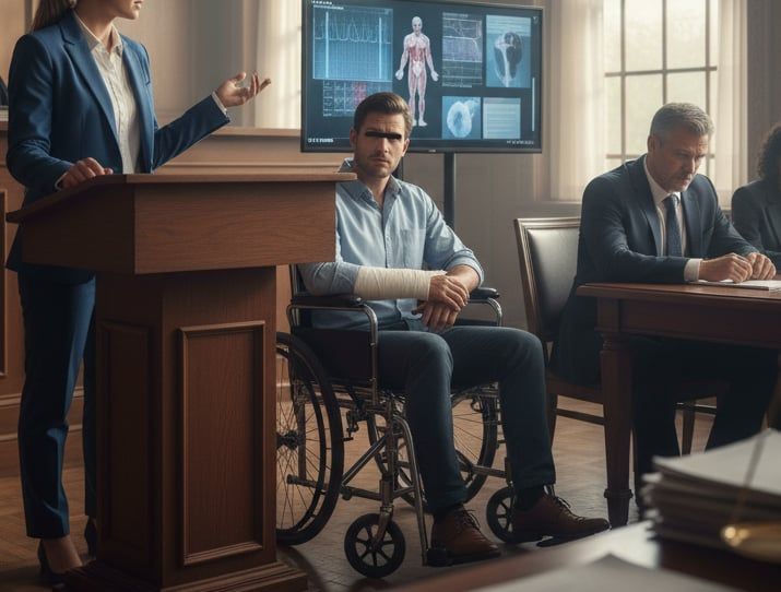 A courtroom scene with a patient and lawyer facing a negligent doctor, highlighting medical malpractice justice.