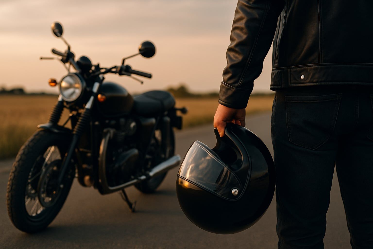 A biker looking at their bike while holding their helmet in their hand