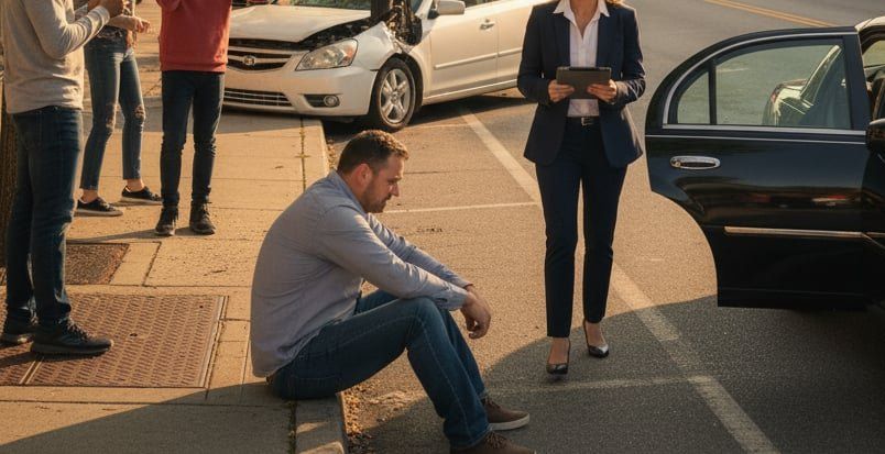 A car accident scene: an injured victim sitting nearby.