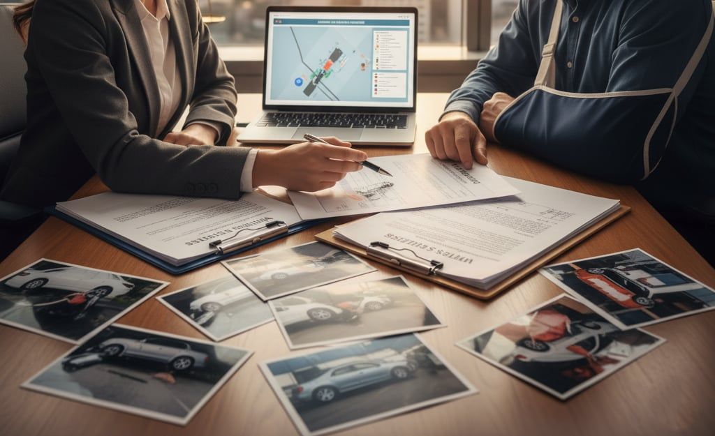 A client meeting with a personal injury attorney reviewing accident photos and witness statements.