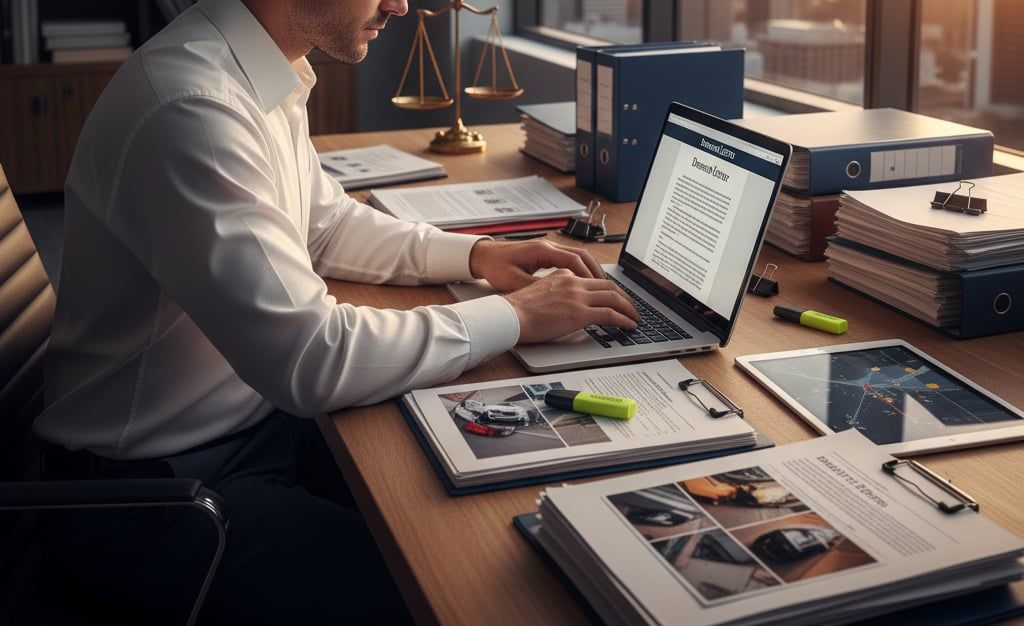 A personal injury lawyer drafting a demand letter in a law office, surrounded by legal documents and evidence