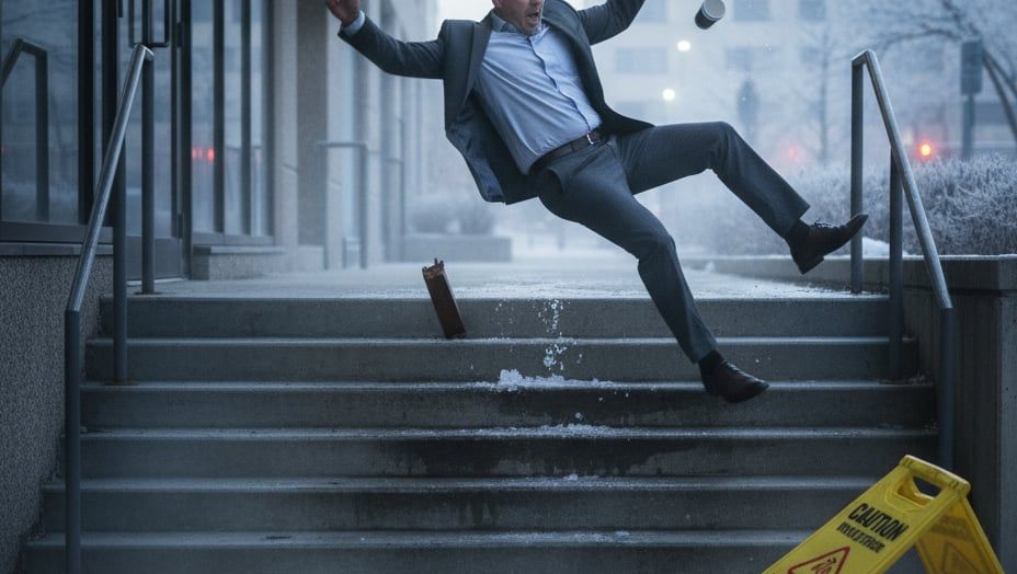 A business property with icy steps causing a fall.