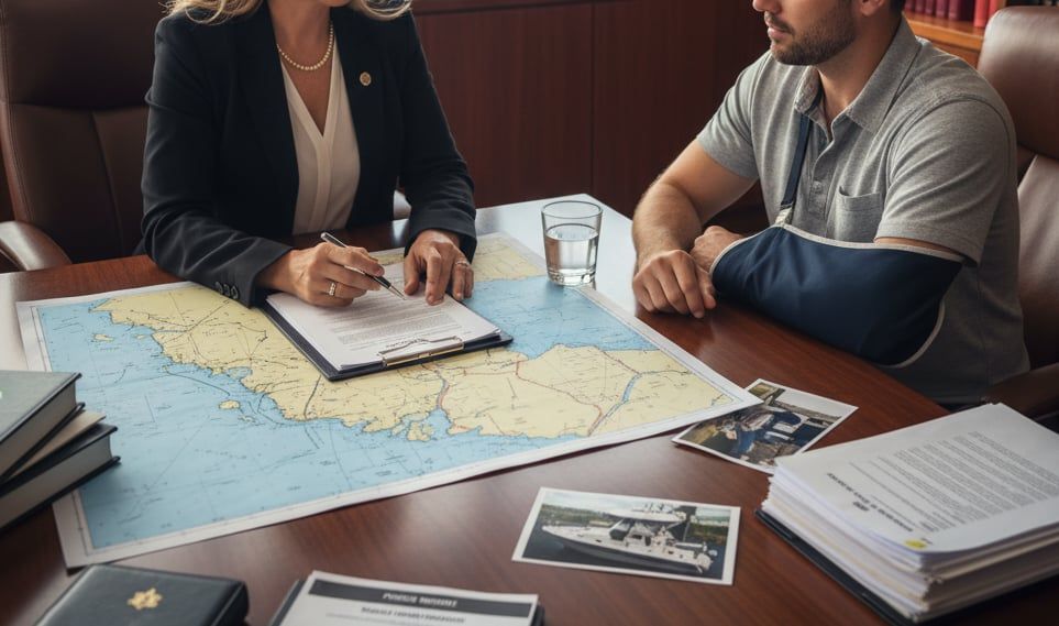A personal injury lawyer consulting a boating accident victim in an office, legal documents and maritime charts on the table.