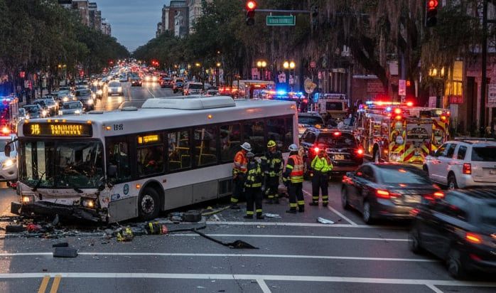 A busy South Carolina city street with a bus accident scene and emergency responders assisting passengers.
