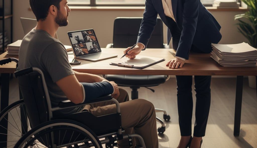 A determined personal injury lawyer meeting with a wheelchair-bound client in a modern law office.
