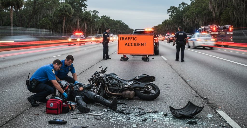 A motorcycle accident scene on a South Carolina highway with emergency responders helping an injured rider.