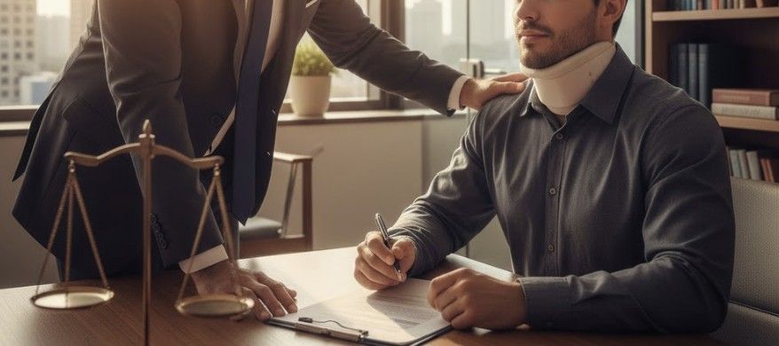 Supportive lawyer consulting an injured client in an office