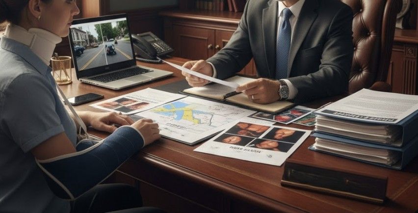 A personal injury lawyer meeting with an injured client in a professional office, with legal documents and evidence on the table.