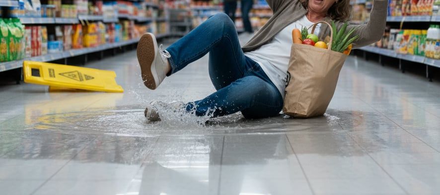 A person slipping on a wet grocery store floor