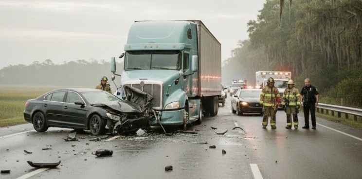 Car and truck collision on a roadway in South Carolina, with heavy vehicle damage and emergency responders standing nearby.