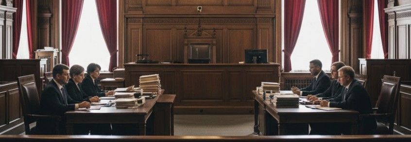 Attorneys seated at opposing tables in a South Carolina courtroom, reviewing documents before a legal proceeding.