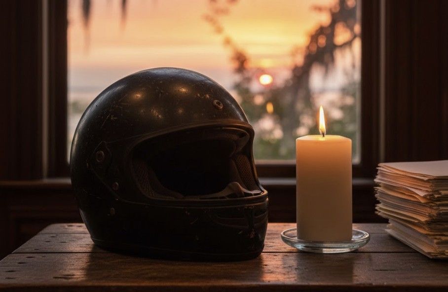 Motorcycle helmet and candle arranged as a memorial, representing a South Carolina motorcycle accident case.
