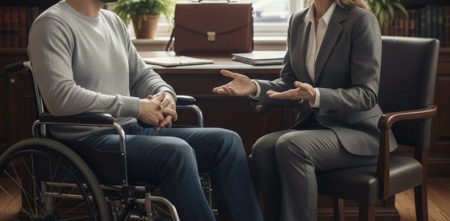 Injured client using a wheelchair meeting with an attorney in a South Carolina law office, discussing a personal injury case