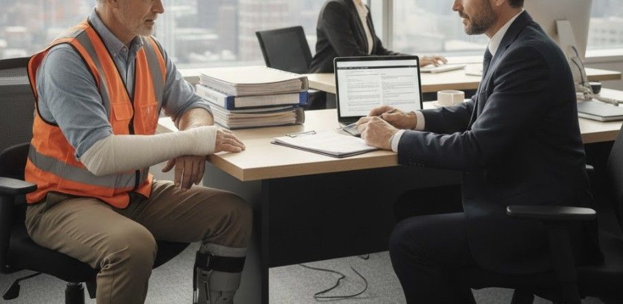 Injured construction worker meeting with an attorney in a South Carolina law office, discussing a workplace injury claim with documents on the desk