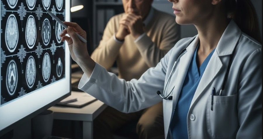 Doctor reviewing brain MRI scans on a computer screen during a consultation in South Carolina, with a patient seated nearby.