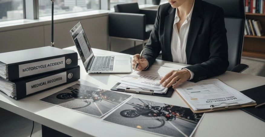A South Carolina personal injury attorney reviewing a motorcycle accident scene photos and medical records in a modern law office