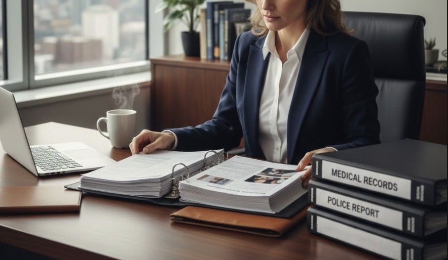 South Carolina attorney reviewing case documents in a law office, with binders labeled medical records and police report on the desk.