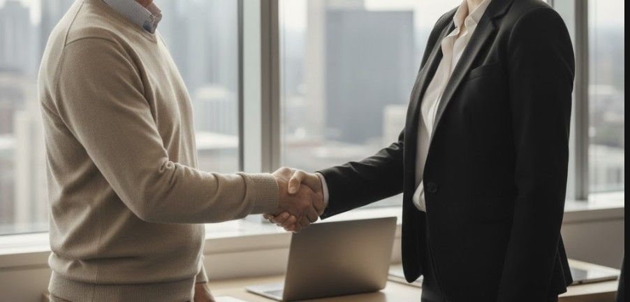 Client and personal injury attorney shaking hands in a South Carolina law office, representing a legal agreement.