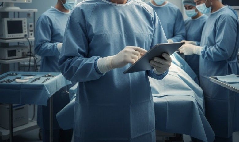Hospital operating room in South Carolina with a surgeon reviewing patient information on a tablet while the surgical team prepares for a procedure.
